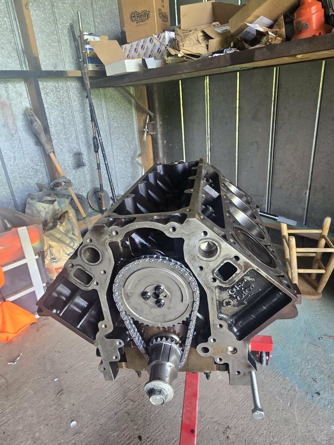 Bare V8 engine block with timing chain and camshaft gear installed