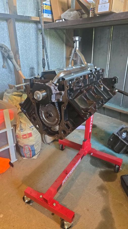 Engine block mounted on a stand mid-rebuild with timing chain and oil pump fitted
